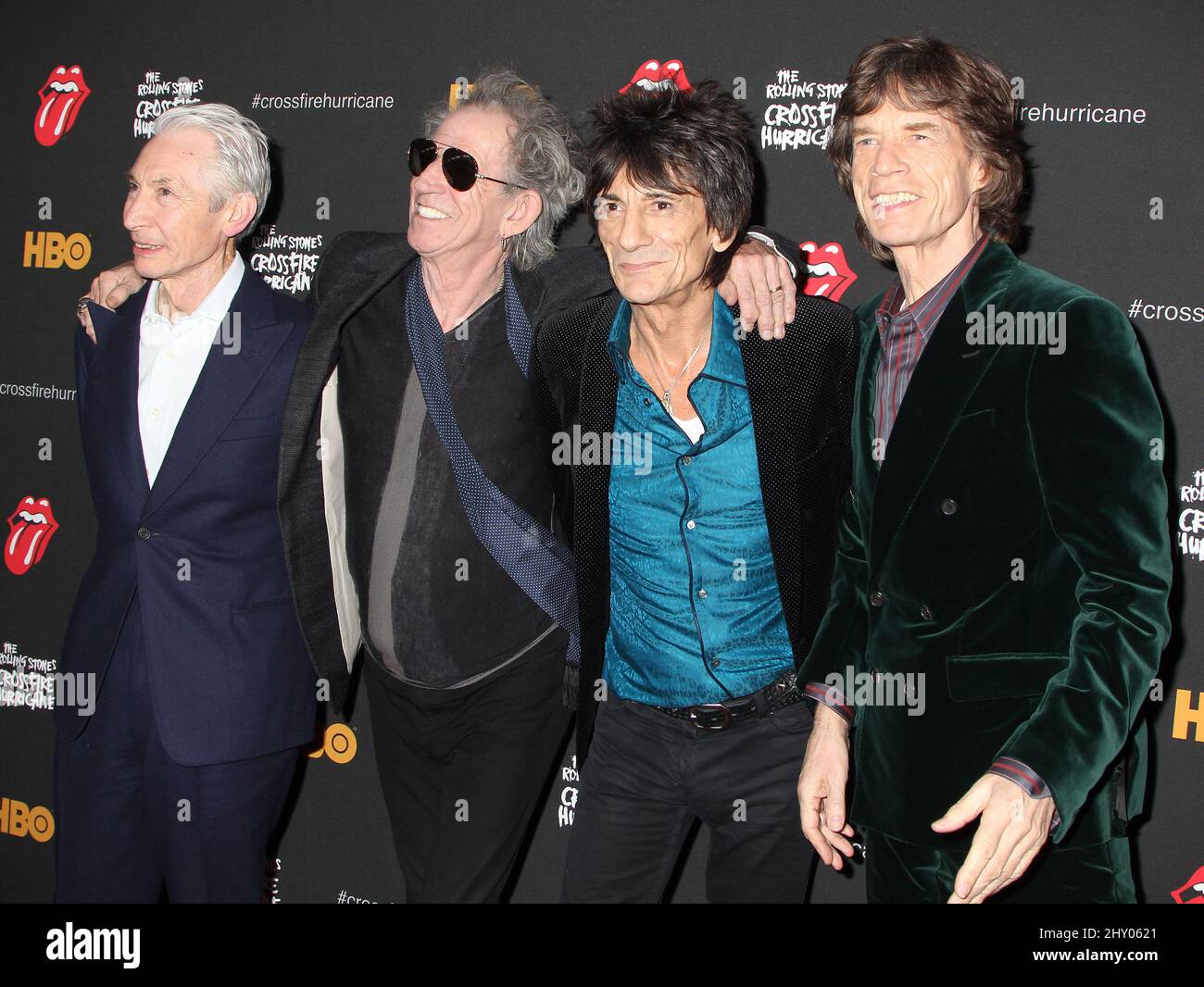 Charlie Watts, Ronnie Wood, Keith Richards and Mick Jagger attending a screening of 'Crossfire Hurricane' at the Ziegfeld Theater in New York City. Stock Photo