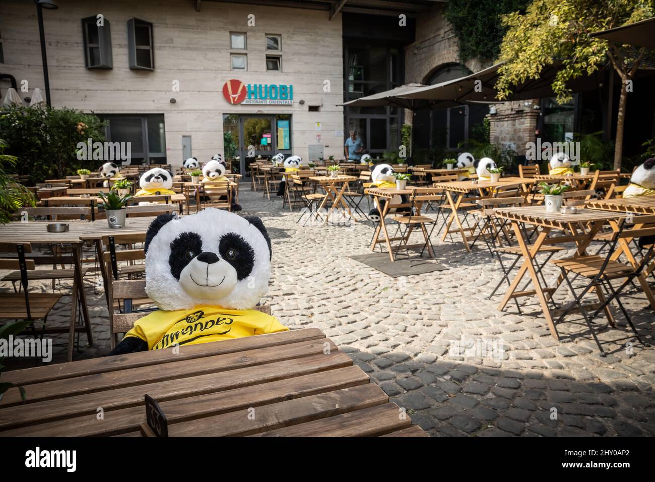 Plush pandas in a summer restaurant on the outskirts of Rome Stock Photo