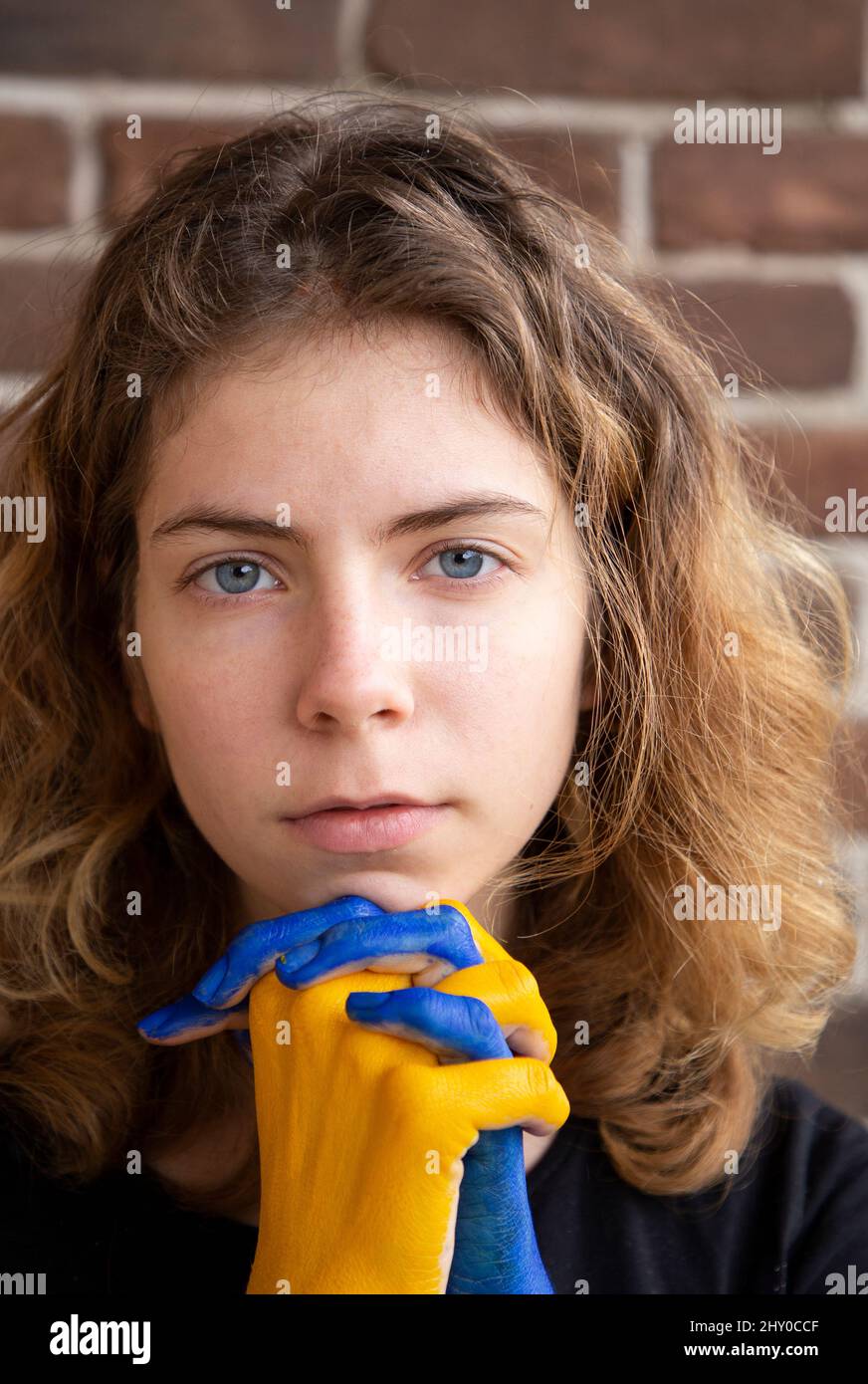 Portrait Hands Torso Woman Blue White Stock Photo 1574009215