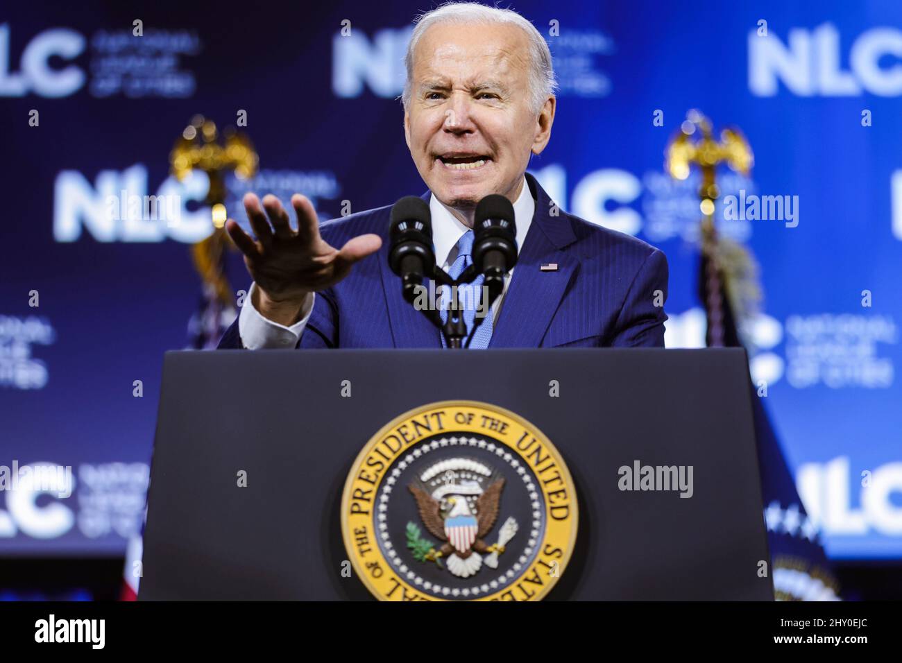 United States President Joe Biden speaks during the National League of ...