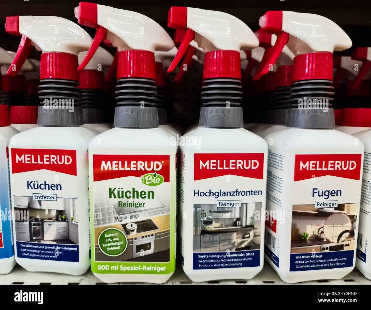 Mellerud kitchen cleaning products in plastic bottles on a shelf Stock Photo