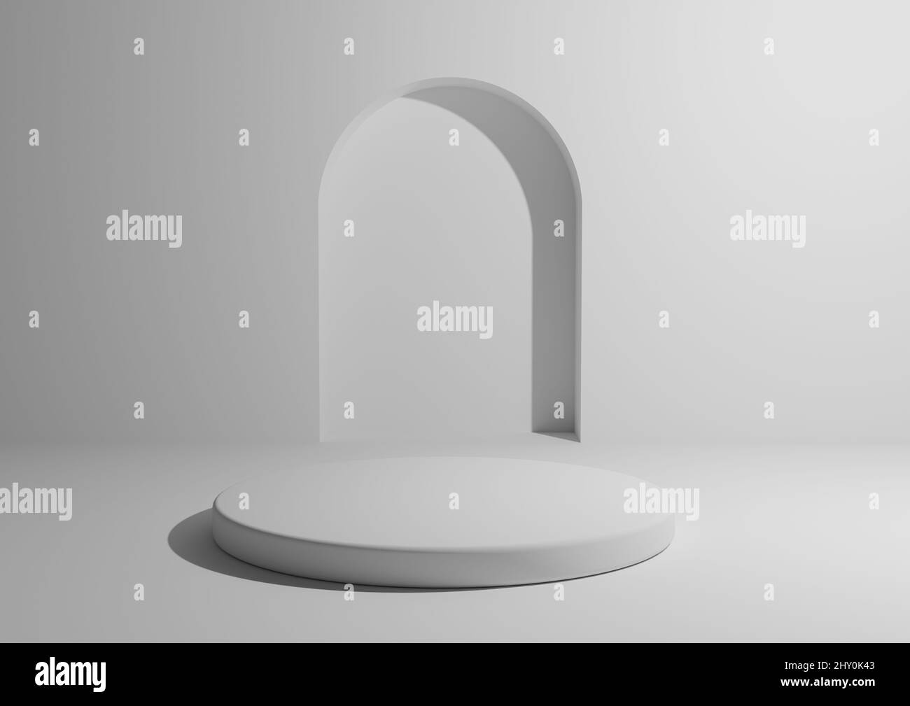 Monochrome white podium for product advertising and marketing. Minimal 3D studio composition with geometric shapes and round stand Stock Photo