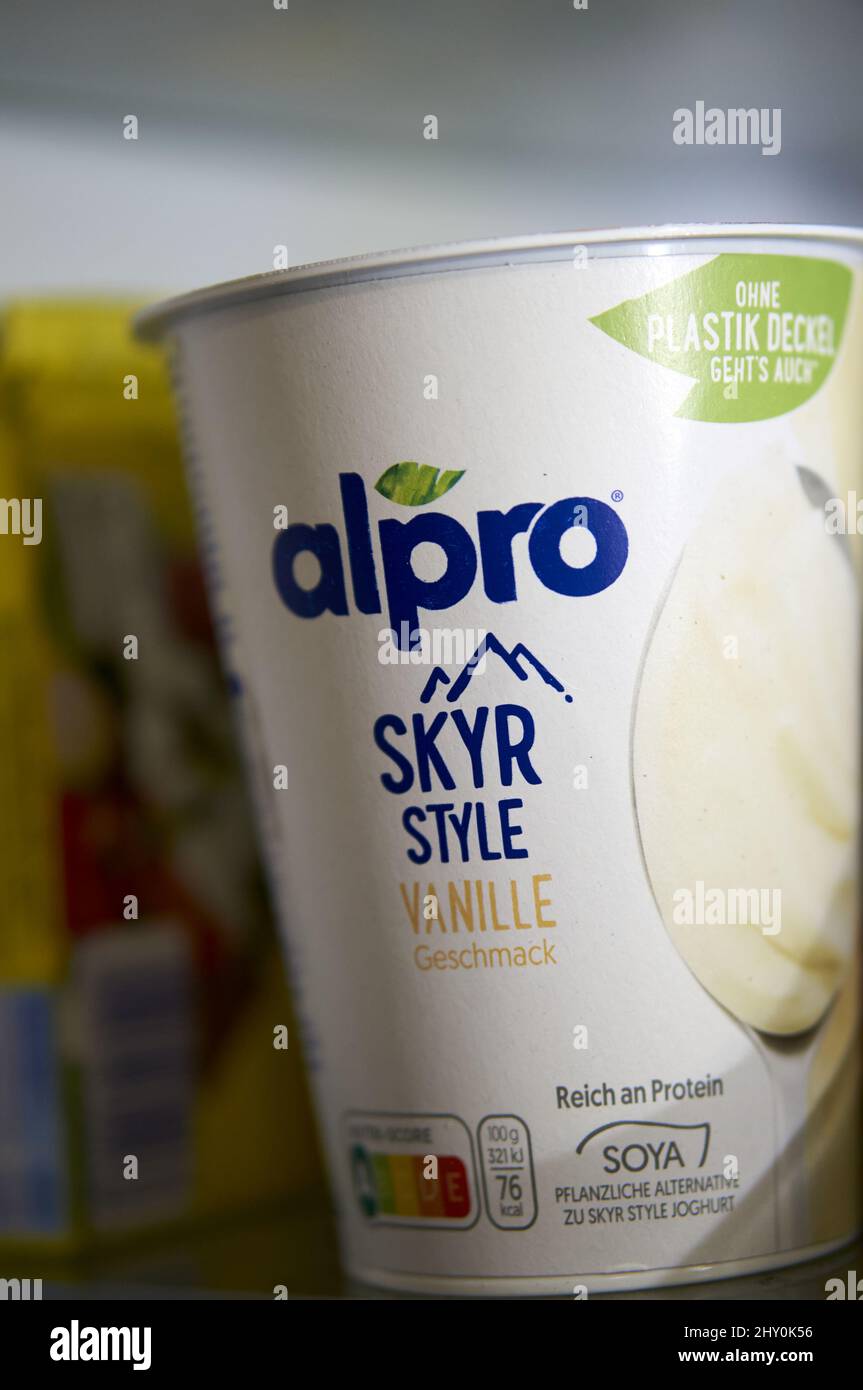 Alpro brand skyre style vanilla yogurt in a fridge Stock Photo Alamy