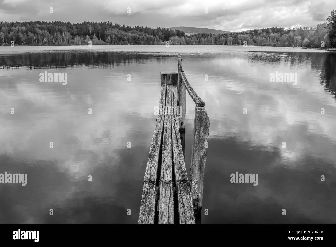 Black and white picture of the old wooden pier over the surface of the pond in Czech nature during the cloudy day with a fine rain. Stock Photo