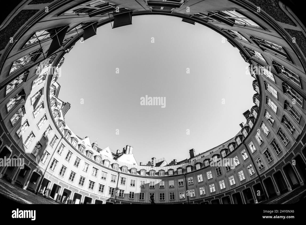 The black and white artistic picture of round square called Brantingtorget in Stockholm in Sweden. Stock Photo