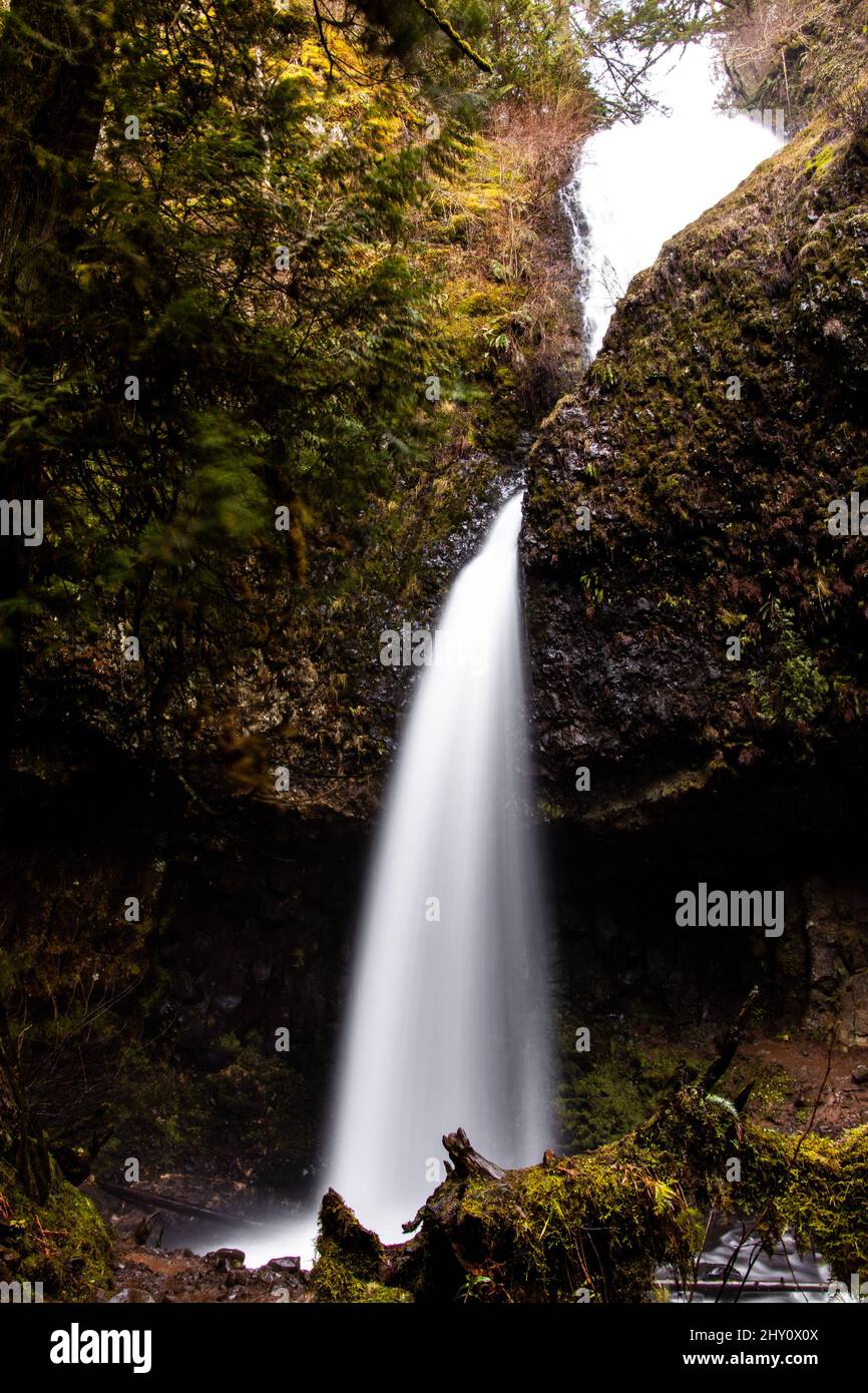 Vertical shot of a waterfall flowing down the rocks covered with moss ...