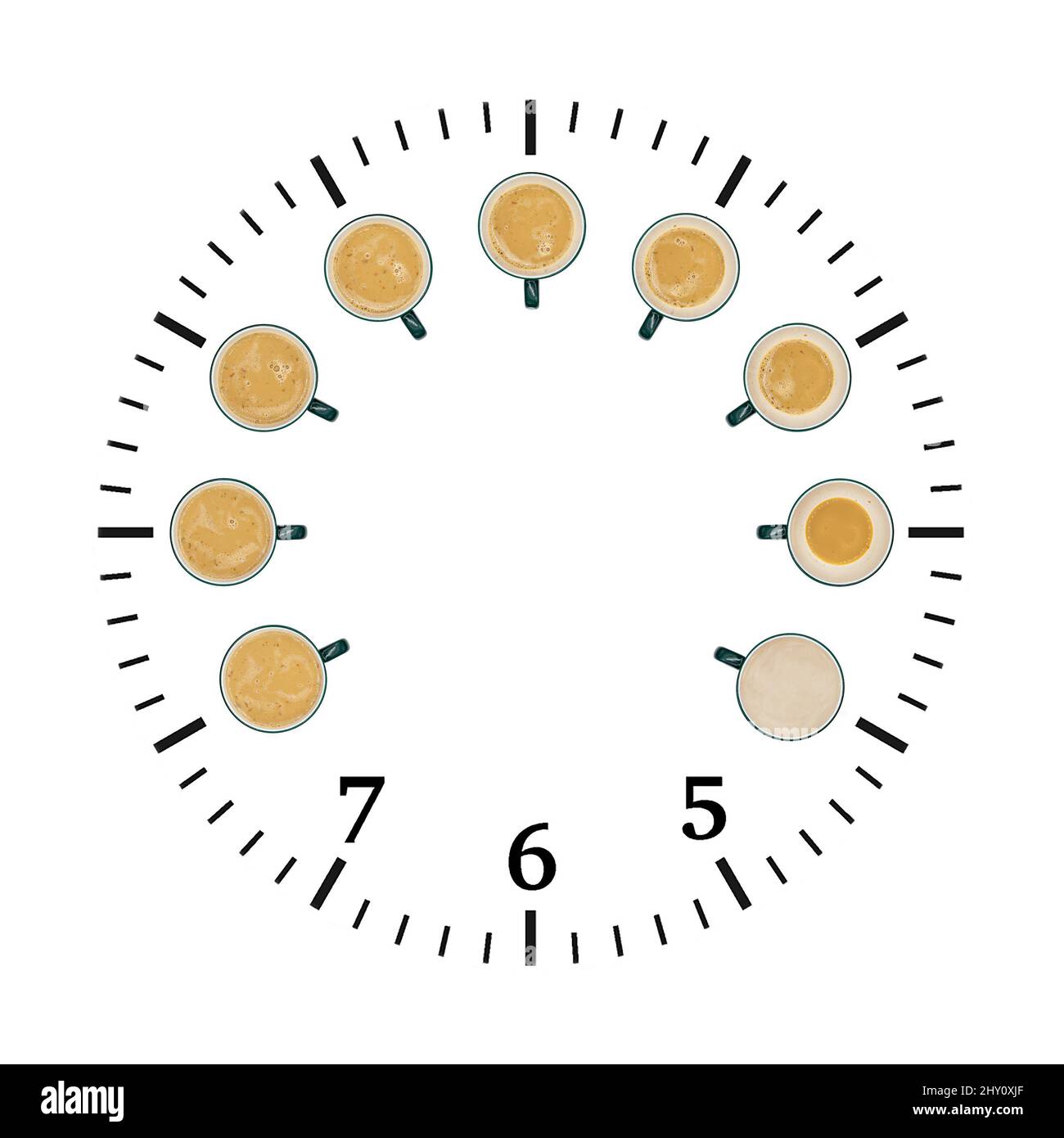 Creative funny clock face design with coffee cups instead of numbers