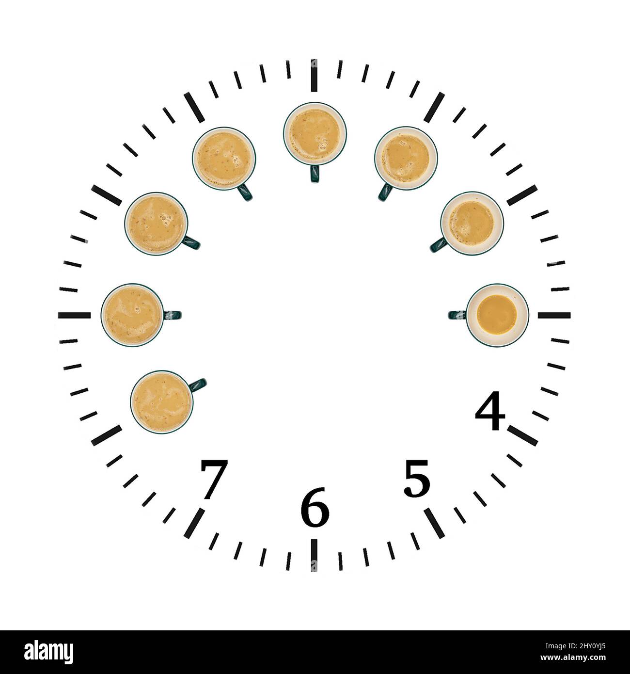 Creative funny clock face design with coffee cups instead of numbers except 4, 5, 6 snd 7 Stock Photo