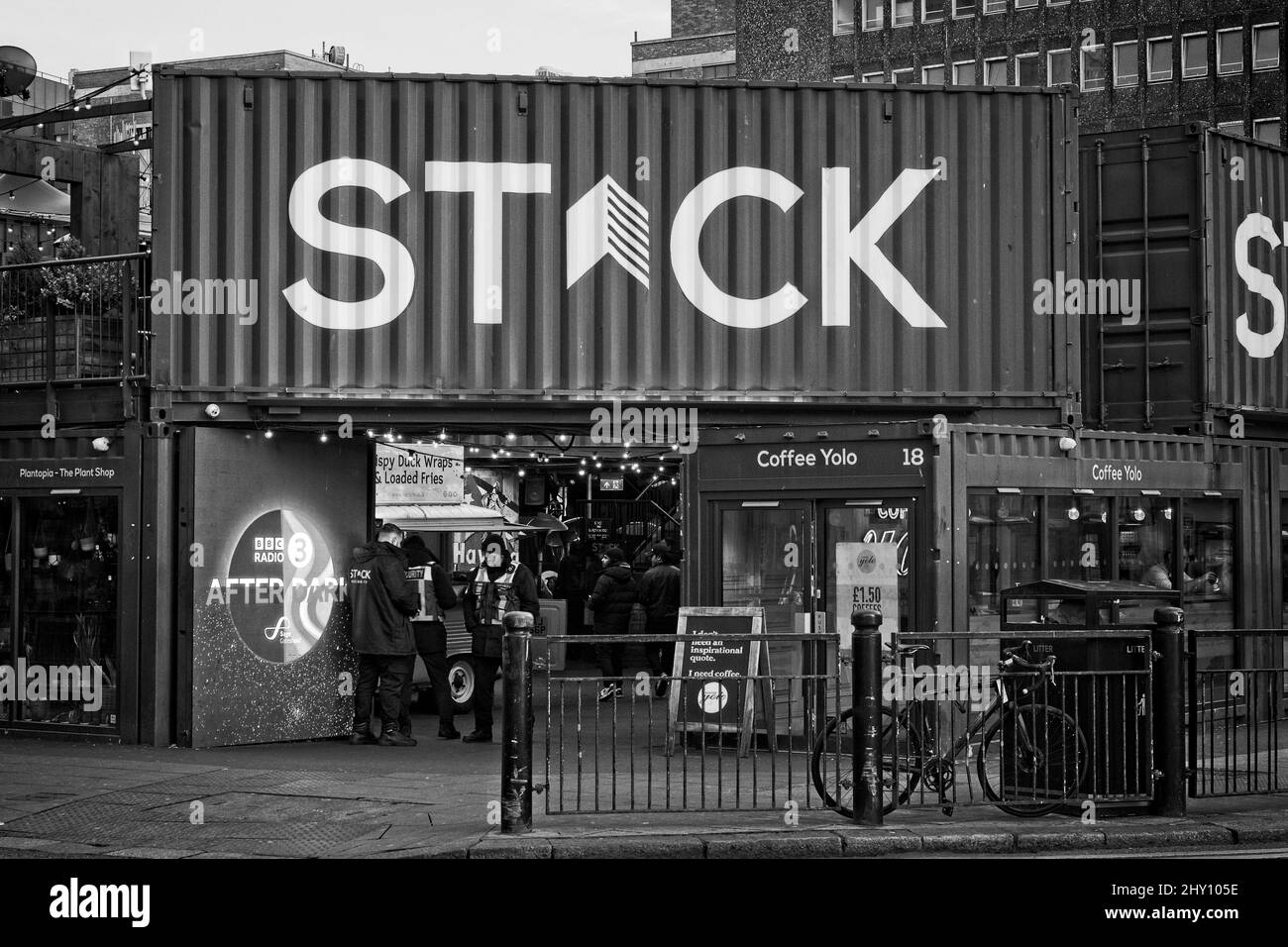 Entrance to The Stack complex of containerised retail units on the corner of New Bridge Street West and Pilgrim Street in Newcastle upon Tyne. Stock Photo