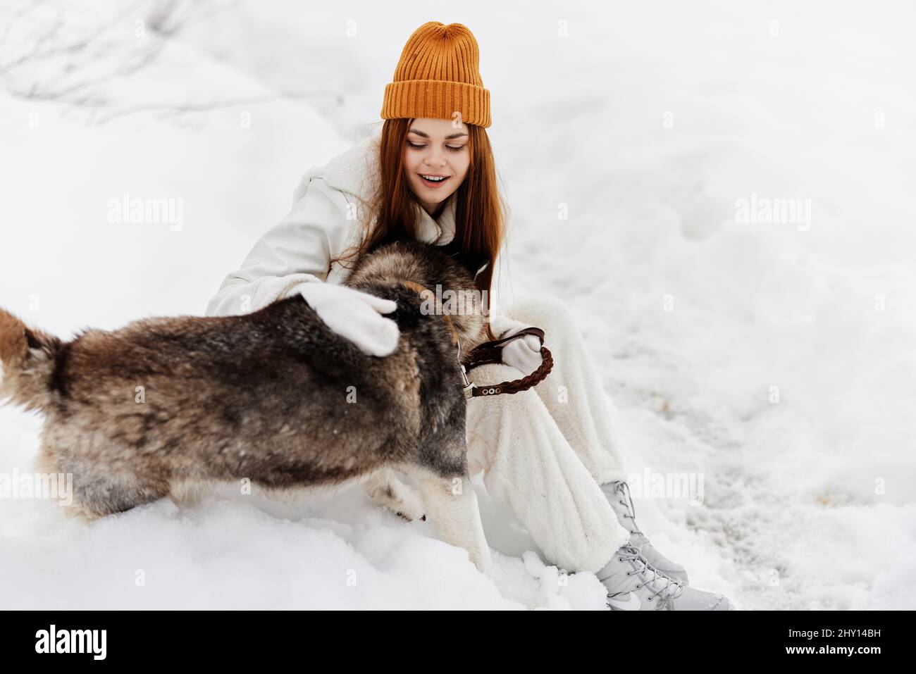woman winter clothes walking the dog in the snow fresh air Stock Photo Alamy