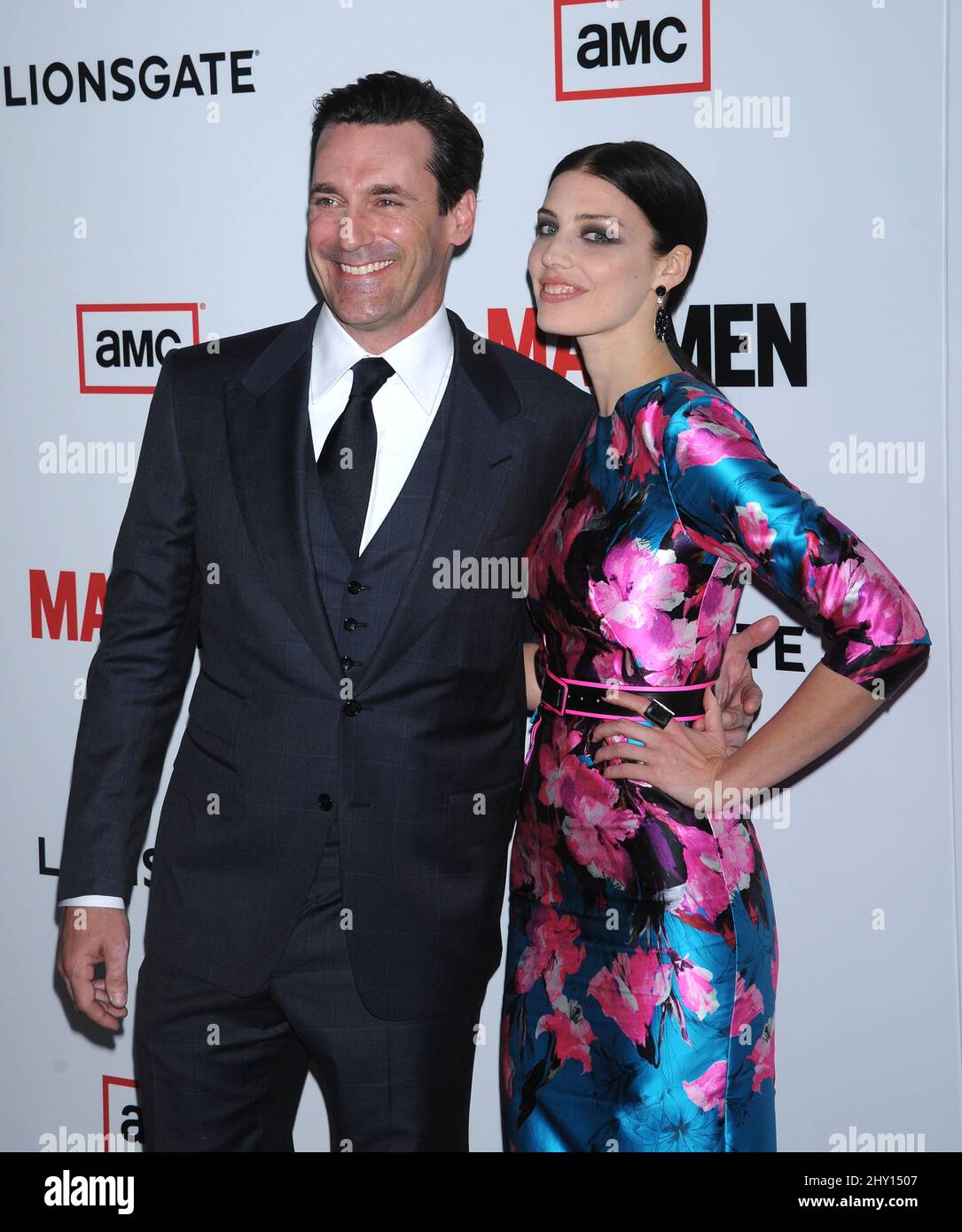 Jon Hamm and Jessica Pare attending a photocall for the premiere of season six of 'Mad Men,' held at the Directors Guild of American Theatre in Los Angeles, California. Stock Photo