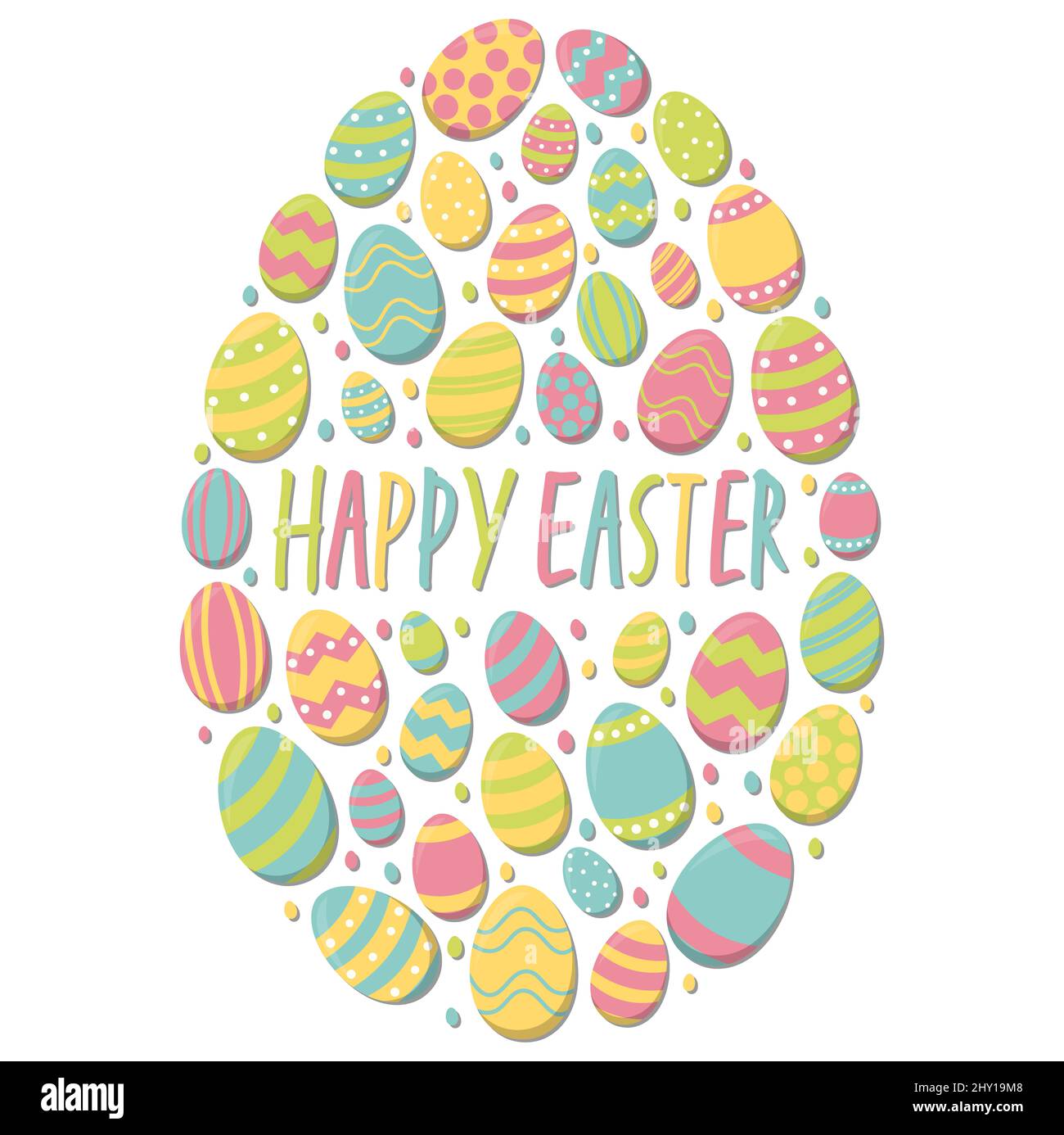 eps vector illustration of painted easter eggs with different colors combined to form a large egg and easter time greetings on white background Stock Photo