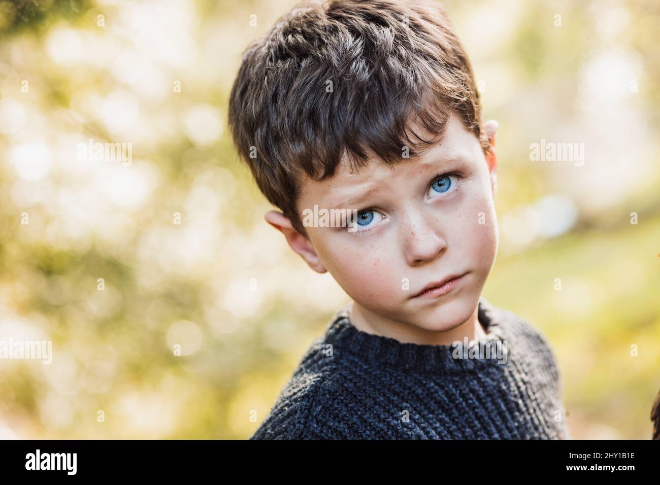 portrait little boy blue eye Portrait of charming little boy with blue eyes and freckles looking at  camera while standing against blurred background of forest Stock Photo -  Alamy