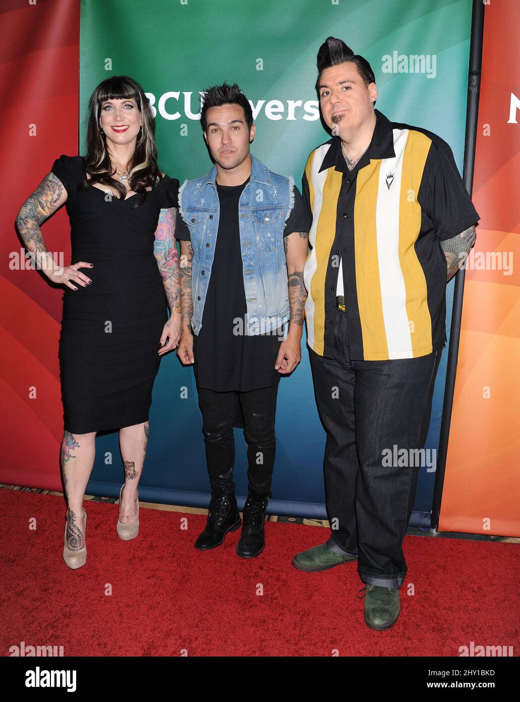 Hannah Aitchison, Pete Wentz and Joe Capobianco attending the NBC Universal Summer Press Day 2013 held at the Langham Huntington Hotel and Spa in Pasadena in California, USA. Stock Photo