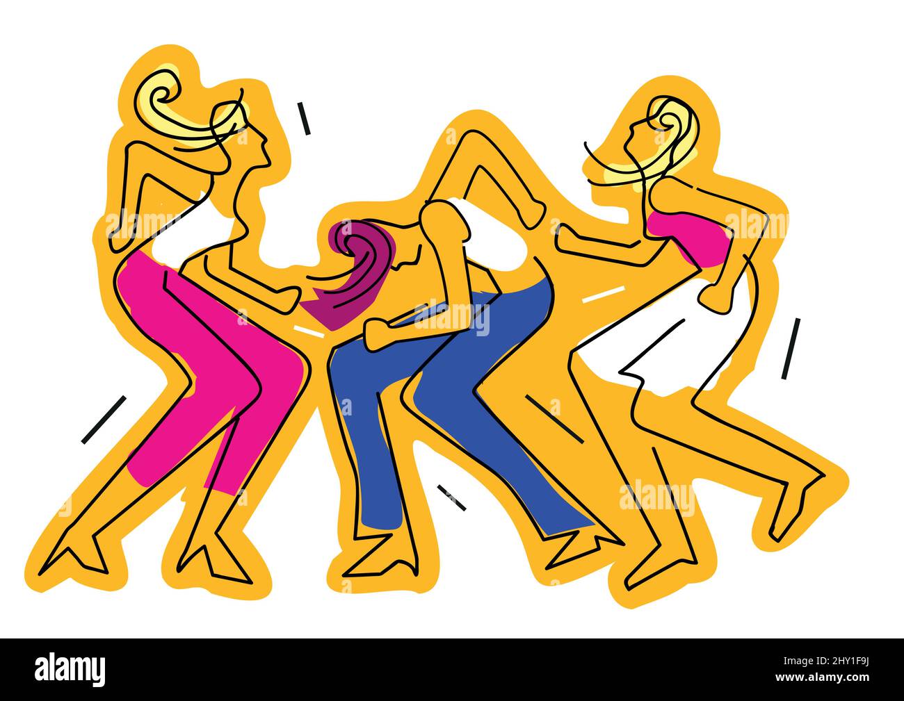 Three dancing girls, wild crazy dance party, line art. Expressive Illustration of dancers. Continuous Line Drawing. Vector available. Stock Vector