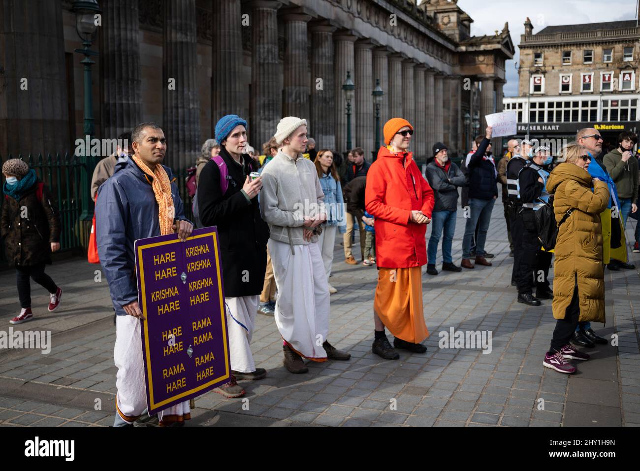 Hare Krishna attend a protest against the Russian Invasion of Ukraine in Edinburgh Stock Photo