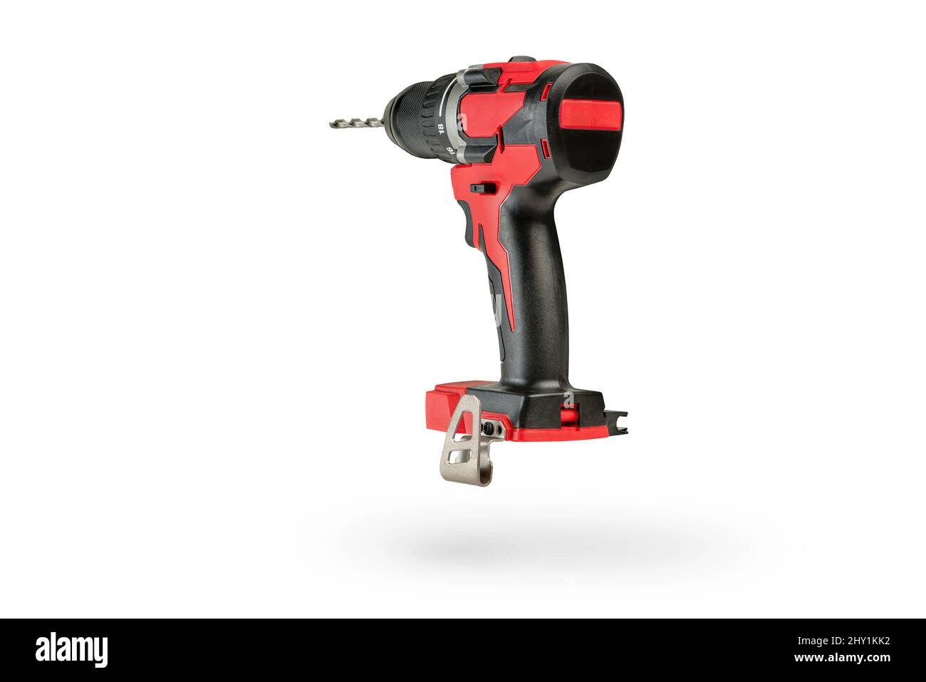 Cordless tool isolated on white background. Cordless screwdriver with a drill inserted into a chuck on a white background. Screwdriver with battery Stock Photo