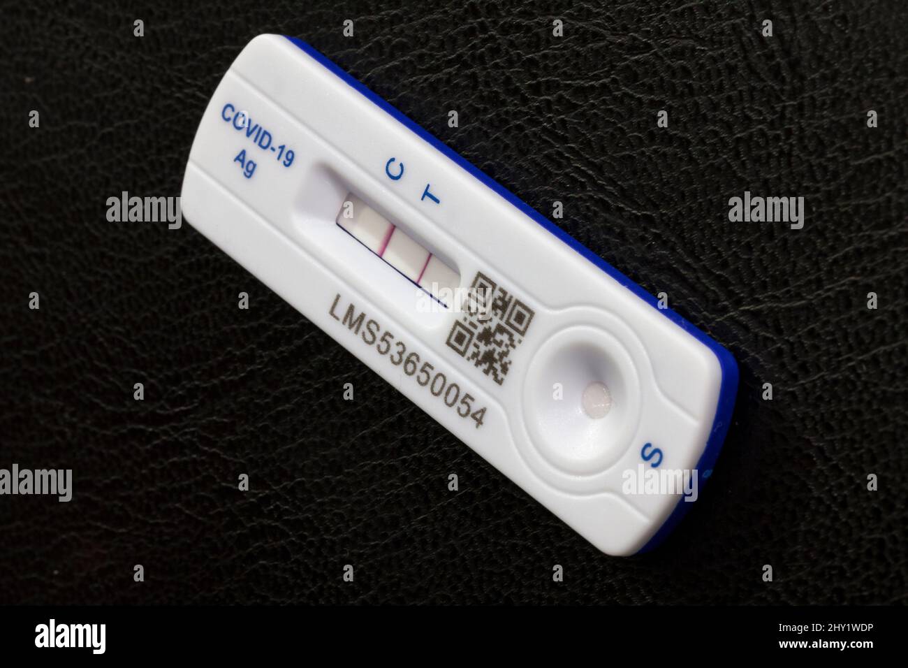 Positive Covid 19 lateral flow test / rapid lateral flow antigen coronavirus test on a black background  showing both bars on the test strip Stock Photo