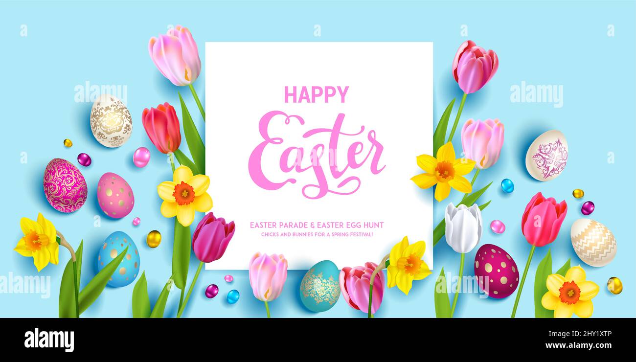 Easter eggs, daffodils and tulips. Stock Vector