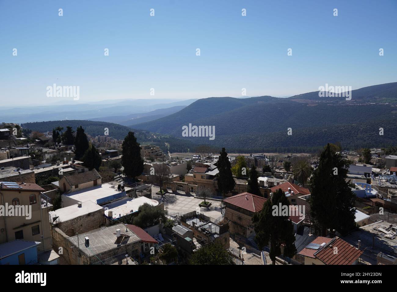 View of the old city of Safed with the Galilee mountains Close to tomb of Rabbi Shimon Bar Yochai Stock Photo