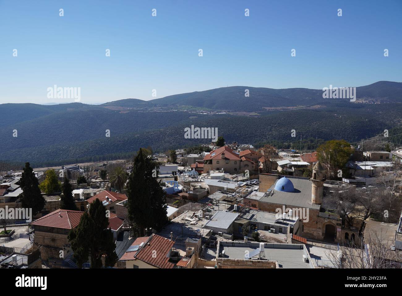 View of the old city of Safed with the Galilee mountains Close to tomb of Rabbi Shimon Bar Yochai Stock Photo