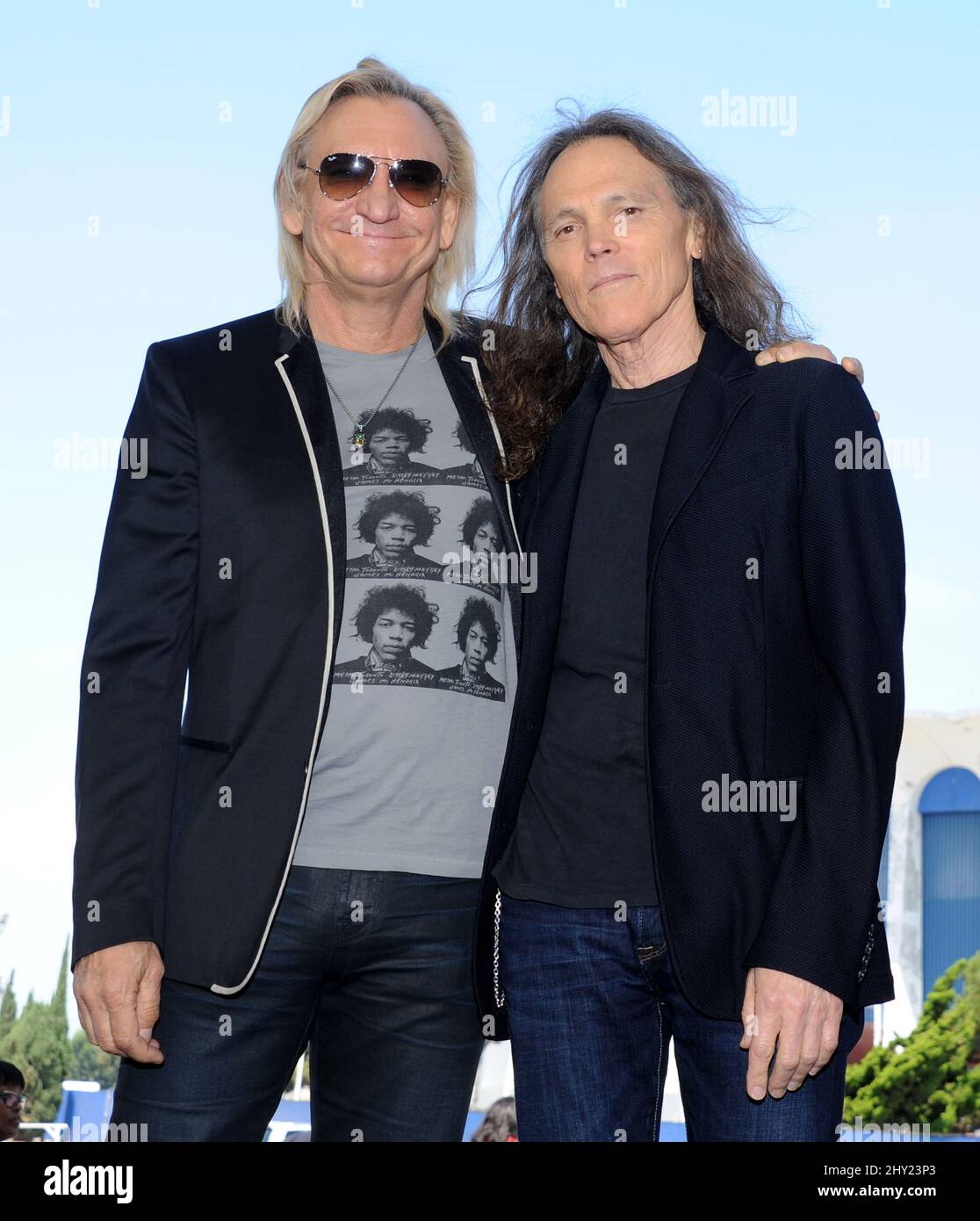 Joe Walsh and Timothy B. Schmit at a press conference for the Madison Square Garden Company to announce the revitalisation of The Forum during a press conference at the old Forum Stock Photo