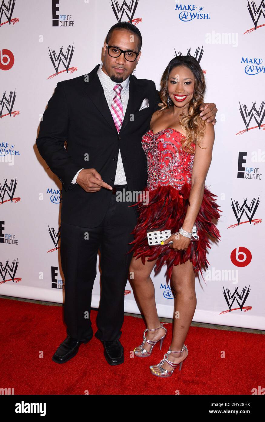 Jey Uso and Cameron arriving at WWE 'Superstars for Hope' Honoring Make-A-Wish held at the Beverly Hills Hotel, Los Angeles. Stock Photo