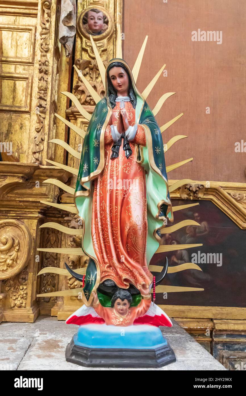 San Javier, Loreto, Baja California Sur, Mexico. Statue of Our Lady of Guadalupe in the San Francisco Mission in San Javier. Stock Photo