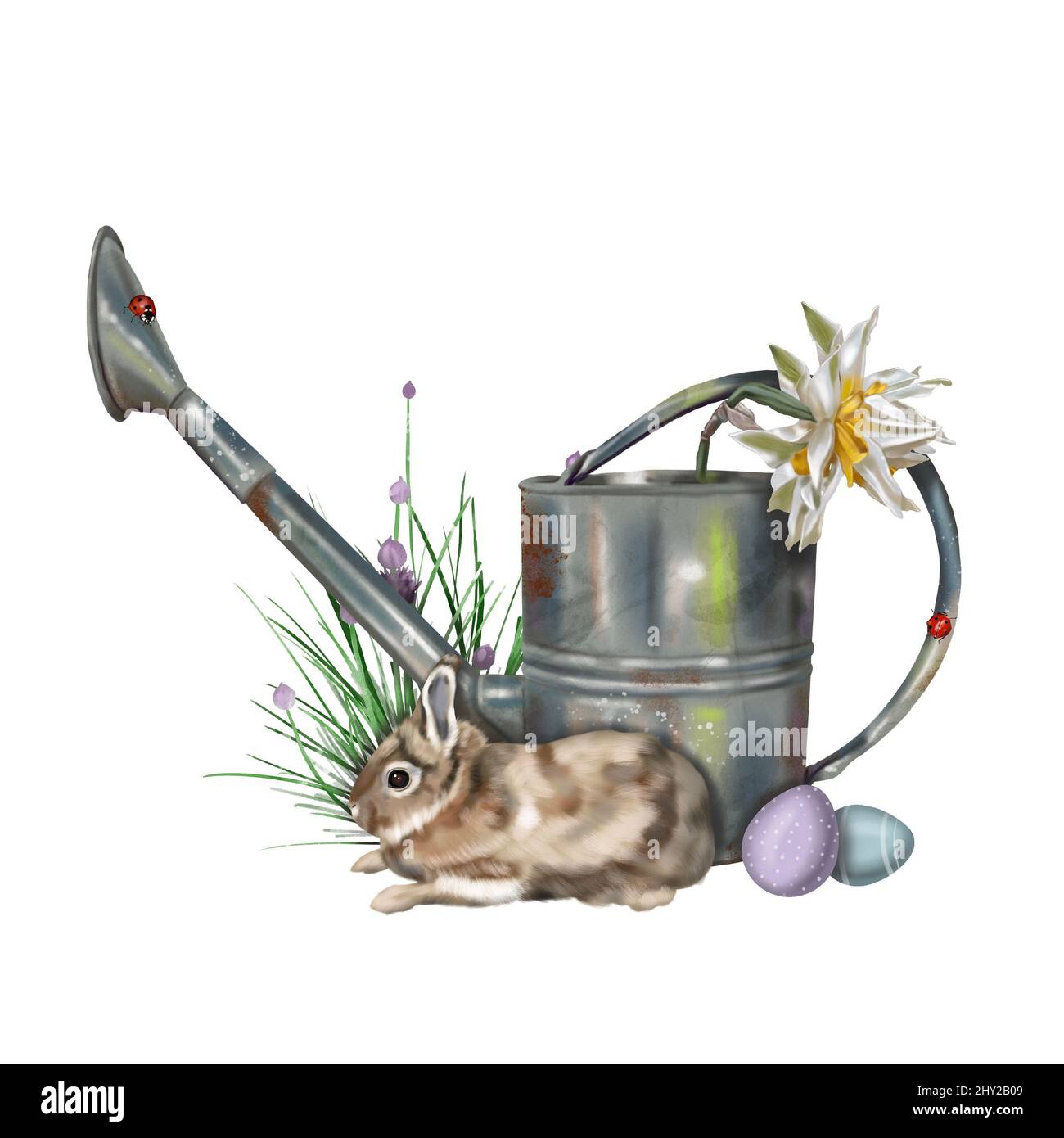 Watercolor Easter composition rabbits Easter eggs and flowers Stock