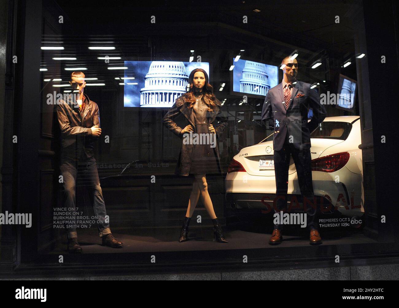 A general view of the 'Scandal' window display at Saks Fifth Avenue in New York. Stock Photo