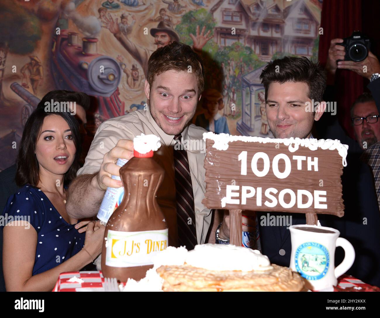 Aubrey Plaza, Chris Pratt and Adam Scott at the Parks and Recreation 100th episode celebration