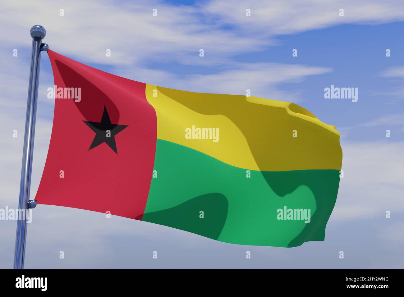 3D illustration of Waving flag of Guinea-Bissau with chrome flag pole ...