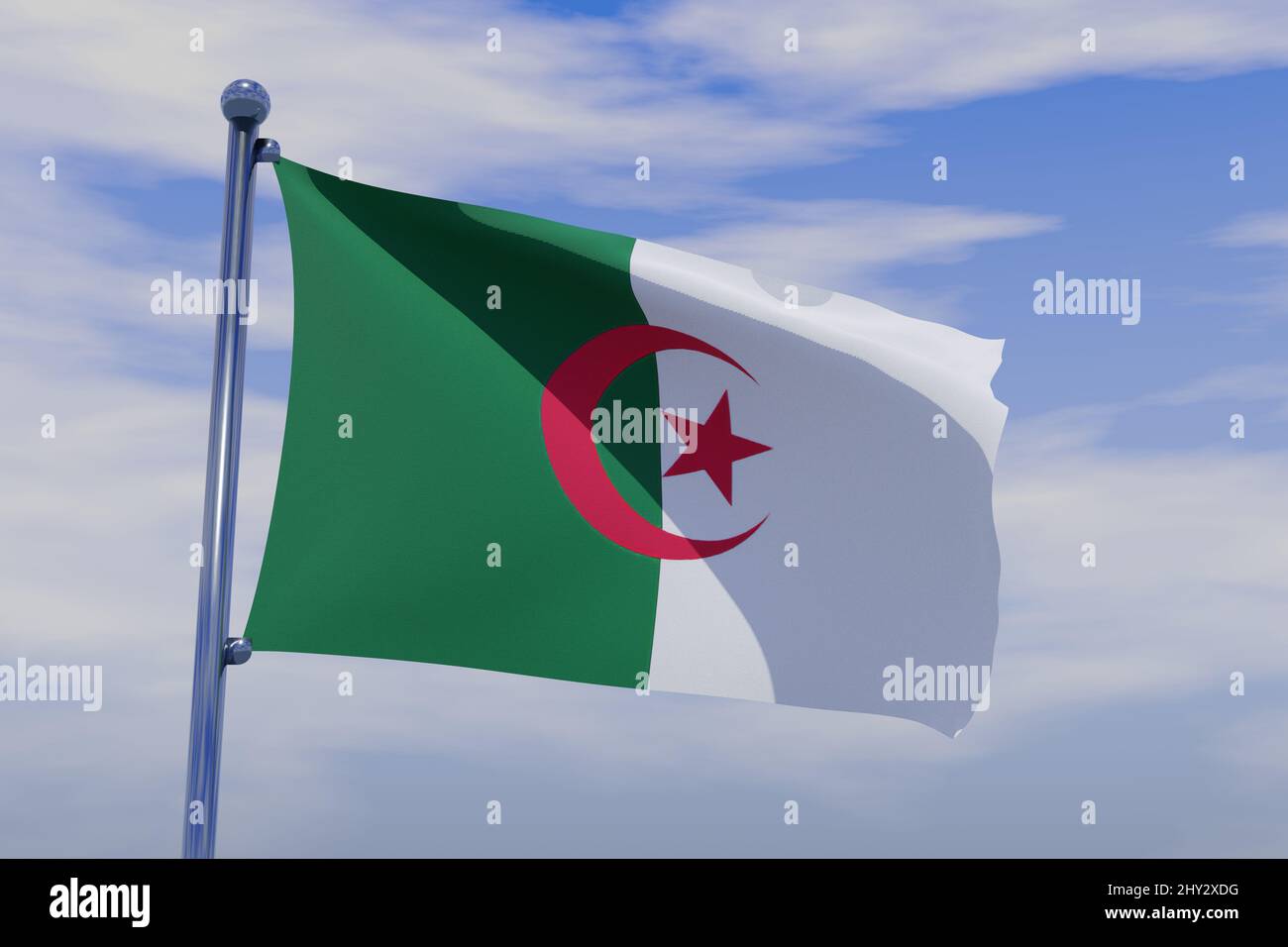 3D illustration of Waving flag of Algeria with chrome flag pole in blue sky waving in the wind. High resolution flag with clarity. Stock Photo