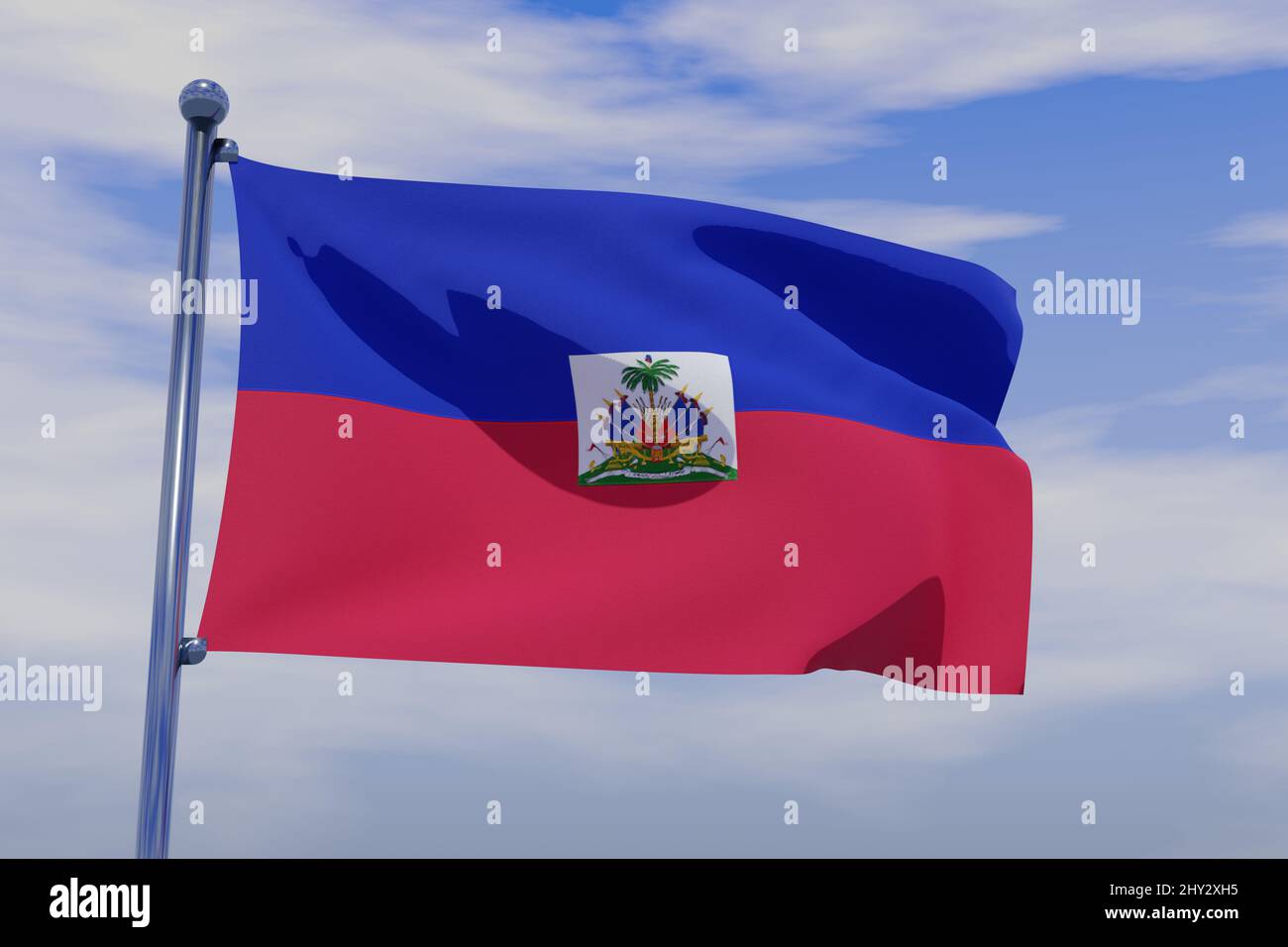 Illustration of Waving flag of Haiti with chrome flag pole in blue sky ...