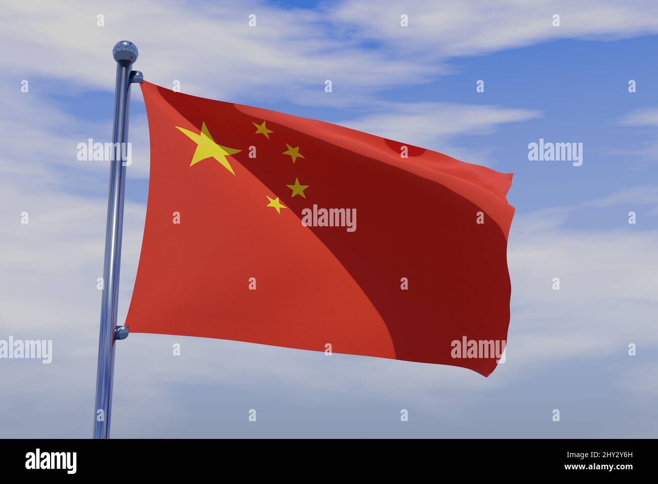 Illustration of Waving flag of China with chrome flag pole in blue sky ...