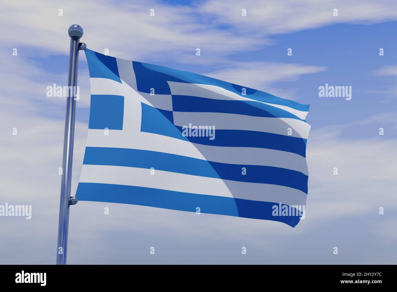 Illustration of Waving flag of Greece with chrome flag pole in blue sky ...