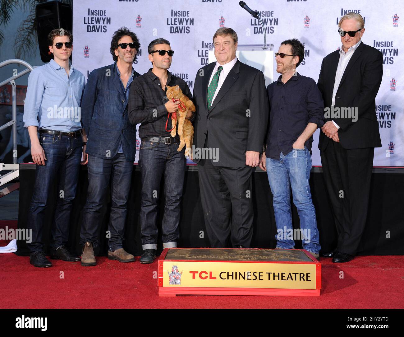 Joel Coen, Oscar Isaac, John Goodman, Ethan Coen and T-Bone Burn during the John Goodman handprint and footprint ceremony held at the TCL Chinese Theatre in Los Angeles, USA. Stock Photo