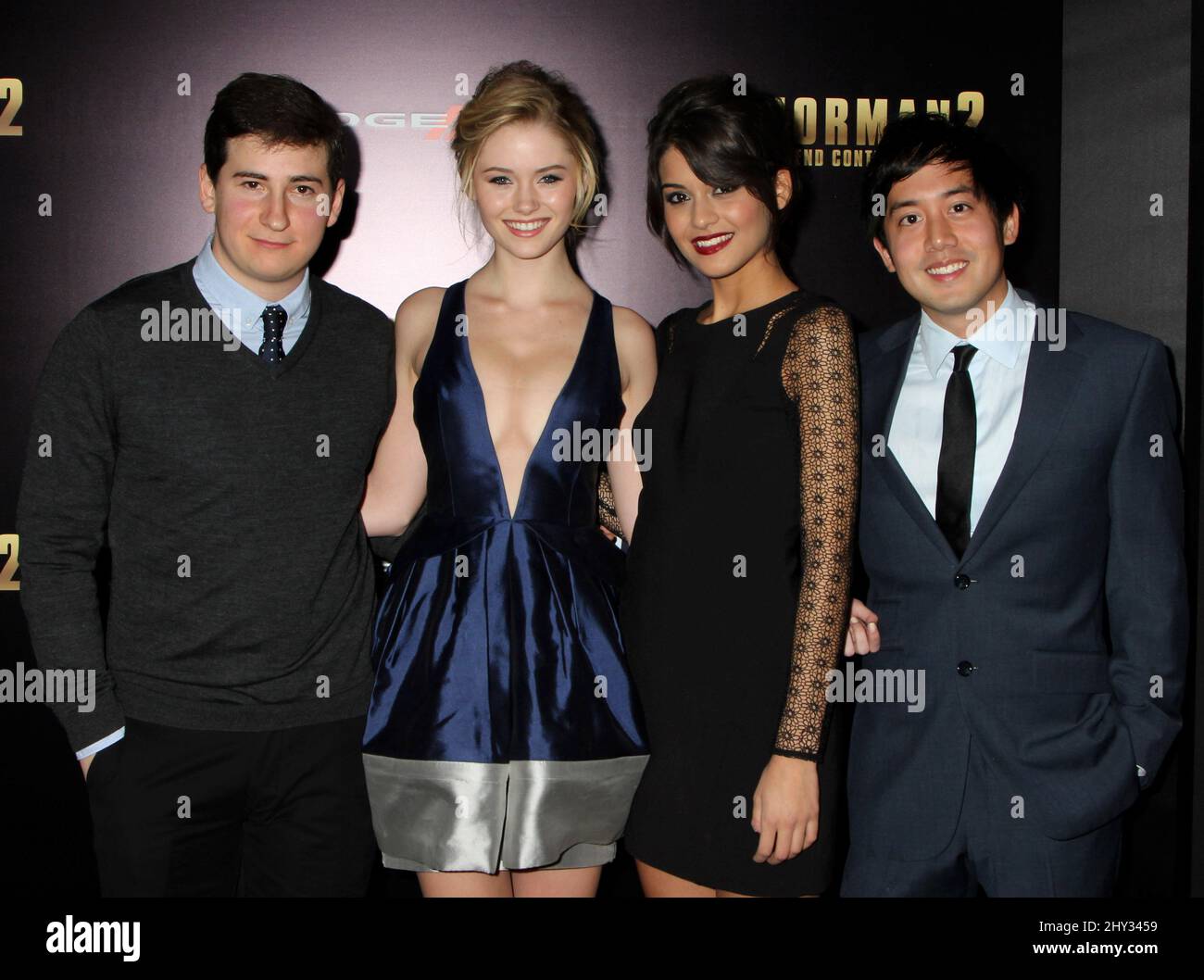 Alan Evangelista, Sam Lerner, Ginny Gardner and Sofia Black-D'El attending the premiere of Anchorman 2: The Legend Continues, in New York. Stock Photo