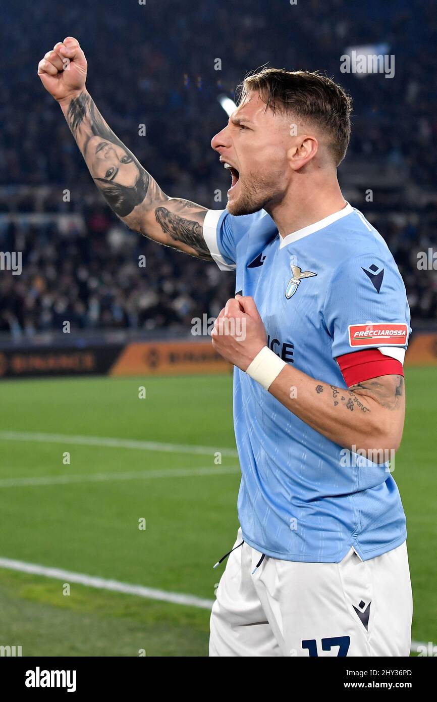 Roma, Italy. 14th Mar, 2022. Ciro Immobile of SS Lazio celebrates after  scoring on penalty the goal of 1-0 during the Serie A football match  between SS Lazio and Venezia FC at