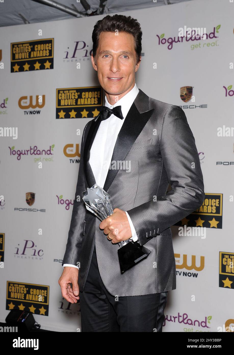 Matthew McConaughey with the award for Best Actor in the press room at the 19th Annual Critics' Choice Movie Awards at Barker Hanger in Los Angeles, USA. Stock Photo