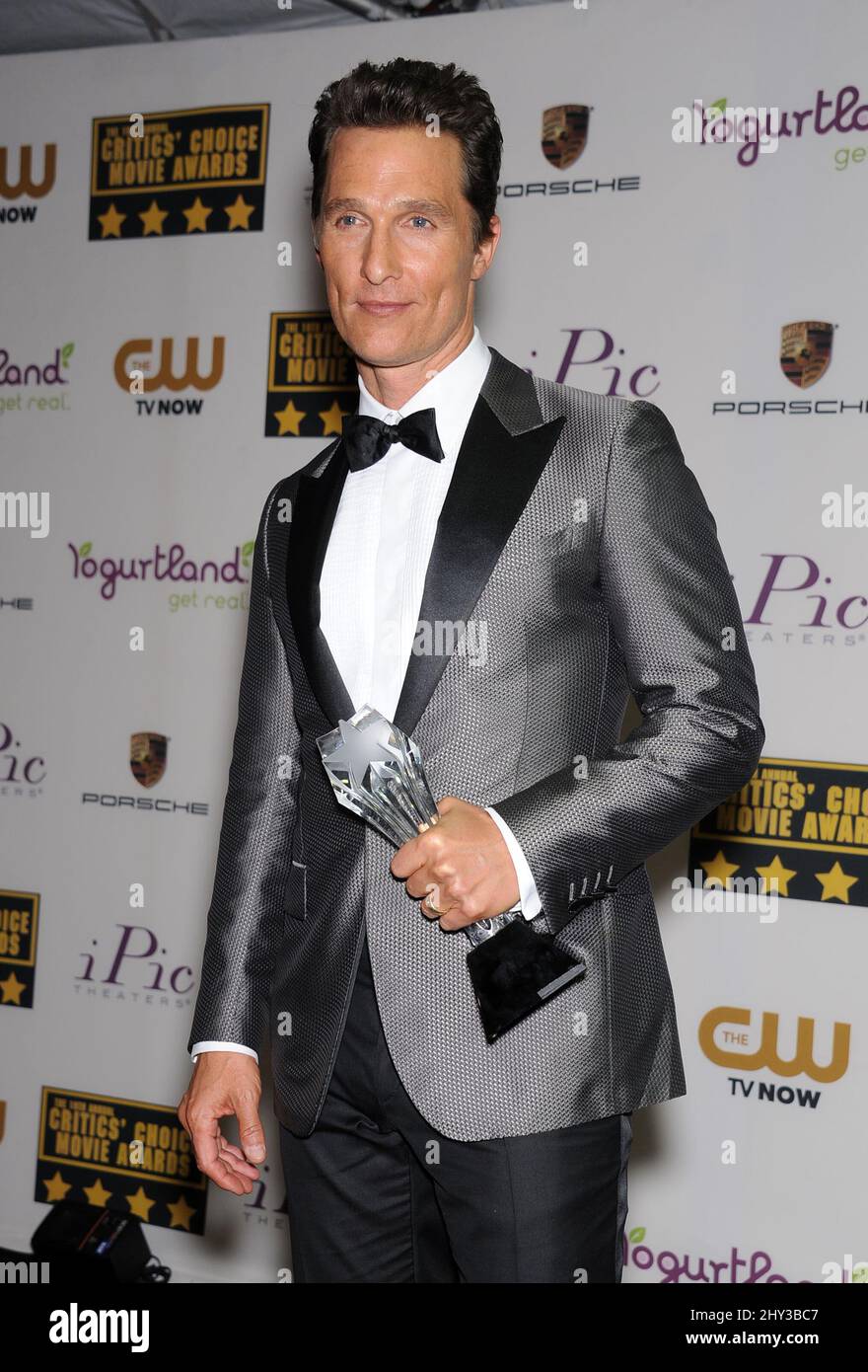 Matthew McConaughey with the award for Best Actor in the press room at the 19th Annual Critics' Choice Movie Awards at Barker Hanger in Los Angeles, USA. Stock Photo