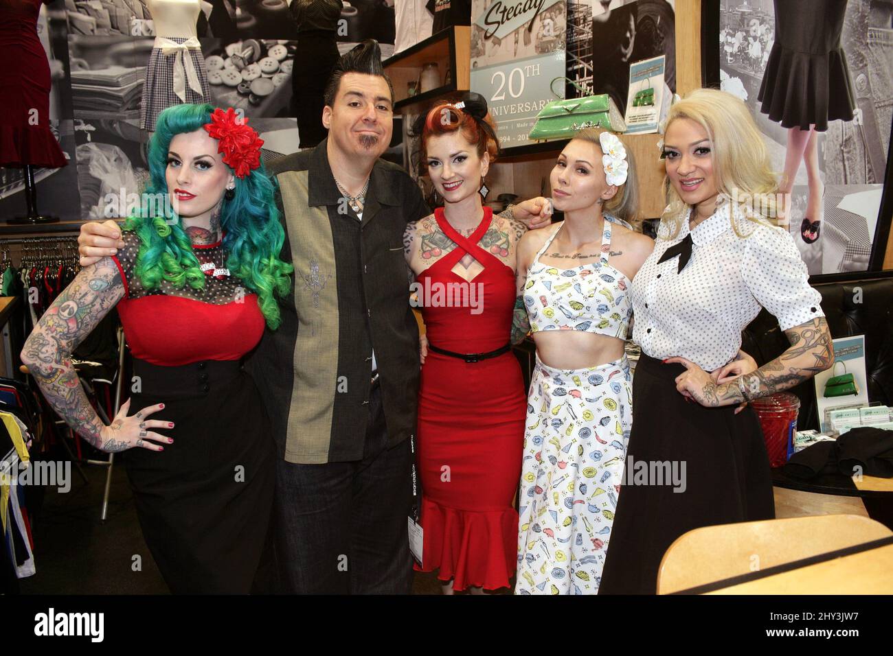Joe Capobianco, Miss Rockwell De'Vil, Kandy K, Cherry Dollface and Krisskaboom attends the 2014 MAGIC Market Week Convention held at the Las Vegas Convention Center, Las Vegas, Nevada, February 18, 2014. Stock Photo