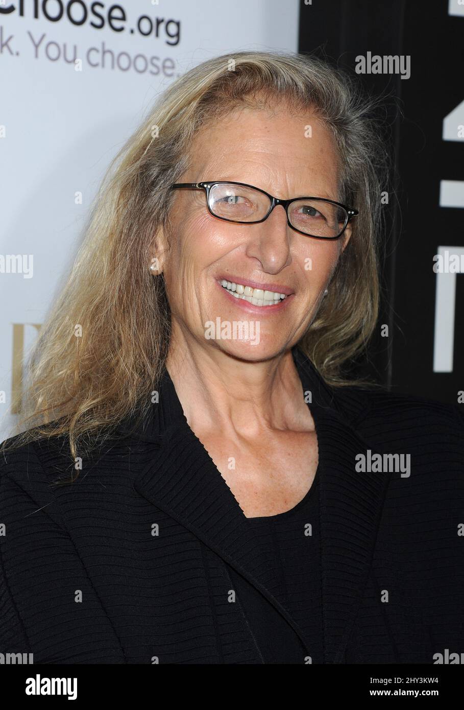 Annie Leibovitz arrives at Annie Leibovitz's book launch party hosted by Vanity Fair, Leon Max, and Benedikt Taschen at the Chateau Marmont, in West Hollywood, Calif. Stock Photo