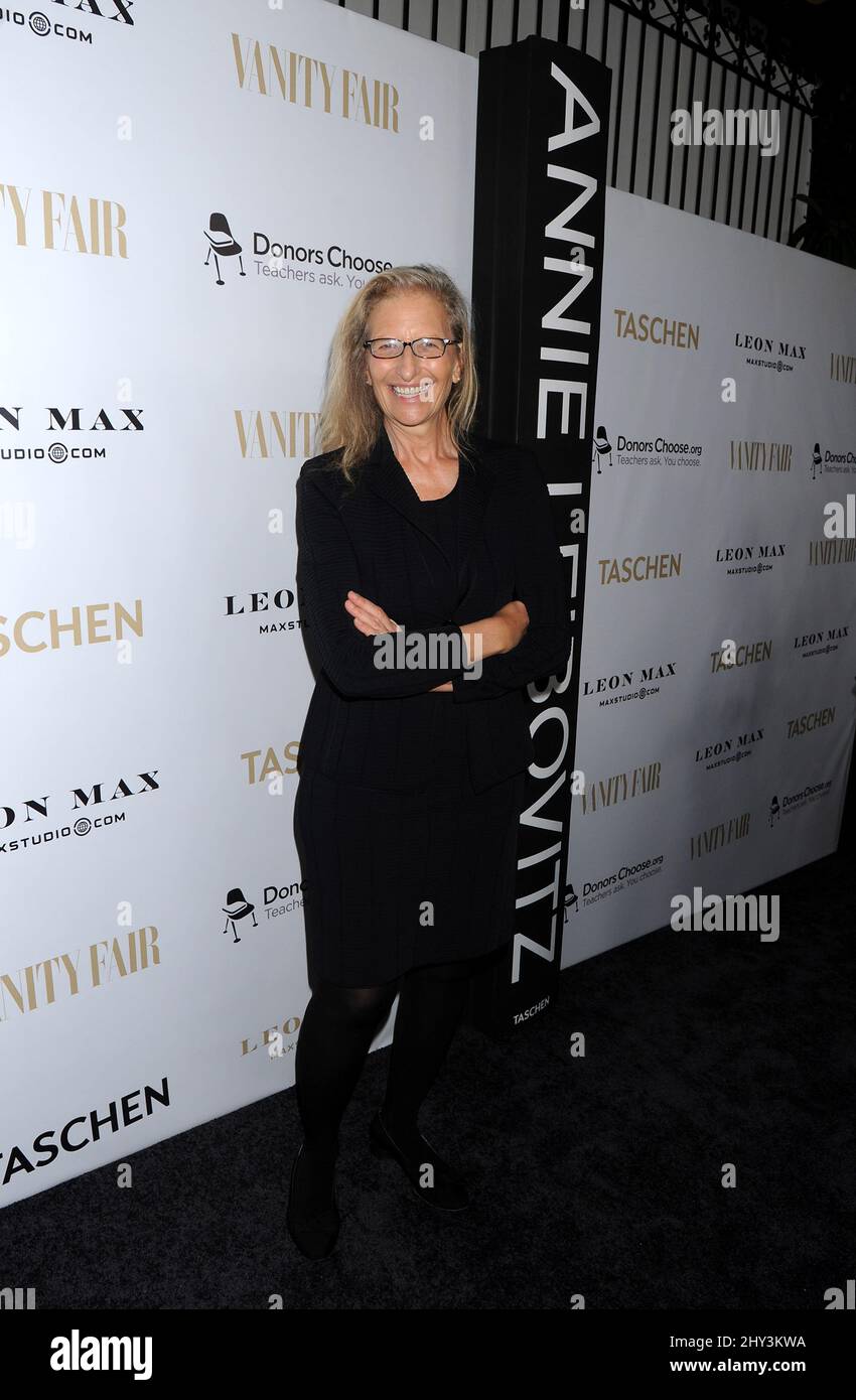 Annie Leibovitz arrives at Annie Leibovitz's book launch party hosted by Vanity Fair, Leon Max, and Benedikt Taschen at the Chateau Marmont, in West Hollywood, Calif. Stock Photo
