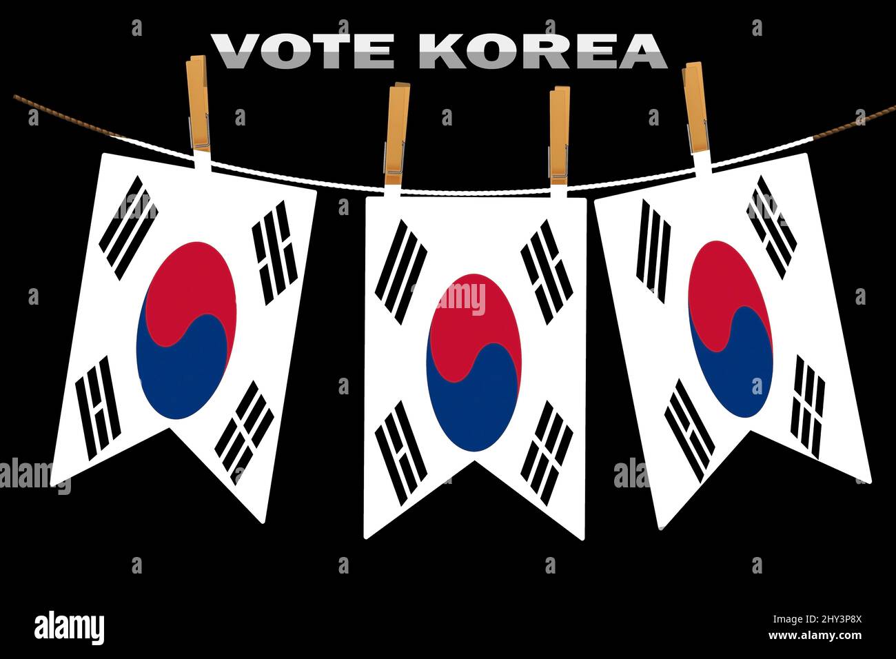 Illustrated Korean flags hanging on a rope in a black background with a