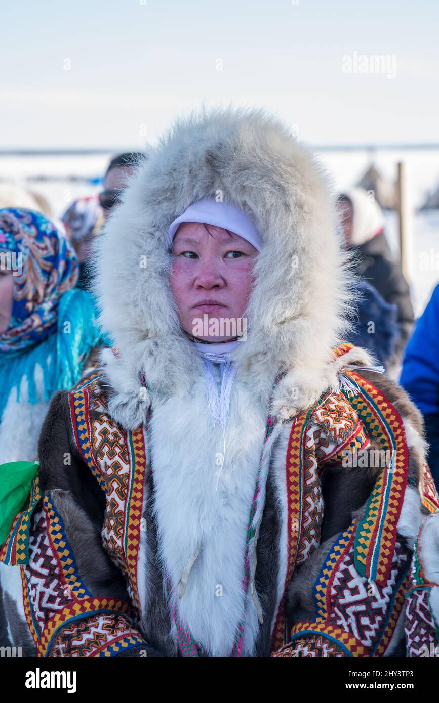 Nenet woman in traditional reindeer fur clothes at Reindeer Herdes ...