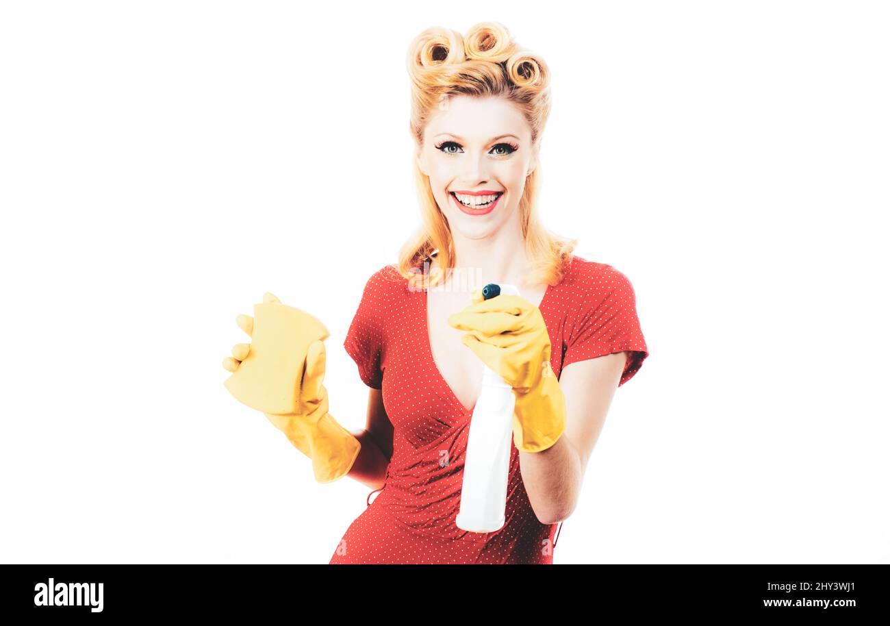 Cleaning service. Young smiling cleaner woman. Isolated over white ...