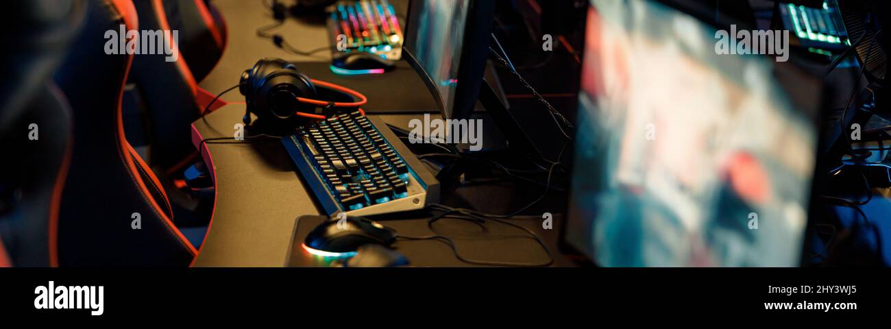 Shot of gaming equipment in internet cafe Stock Photo