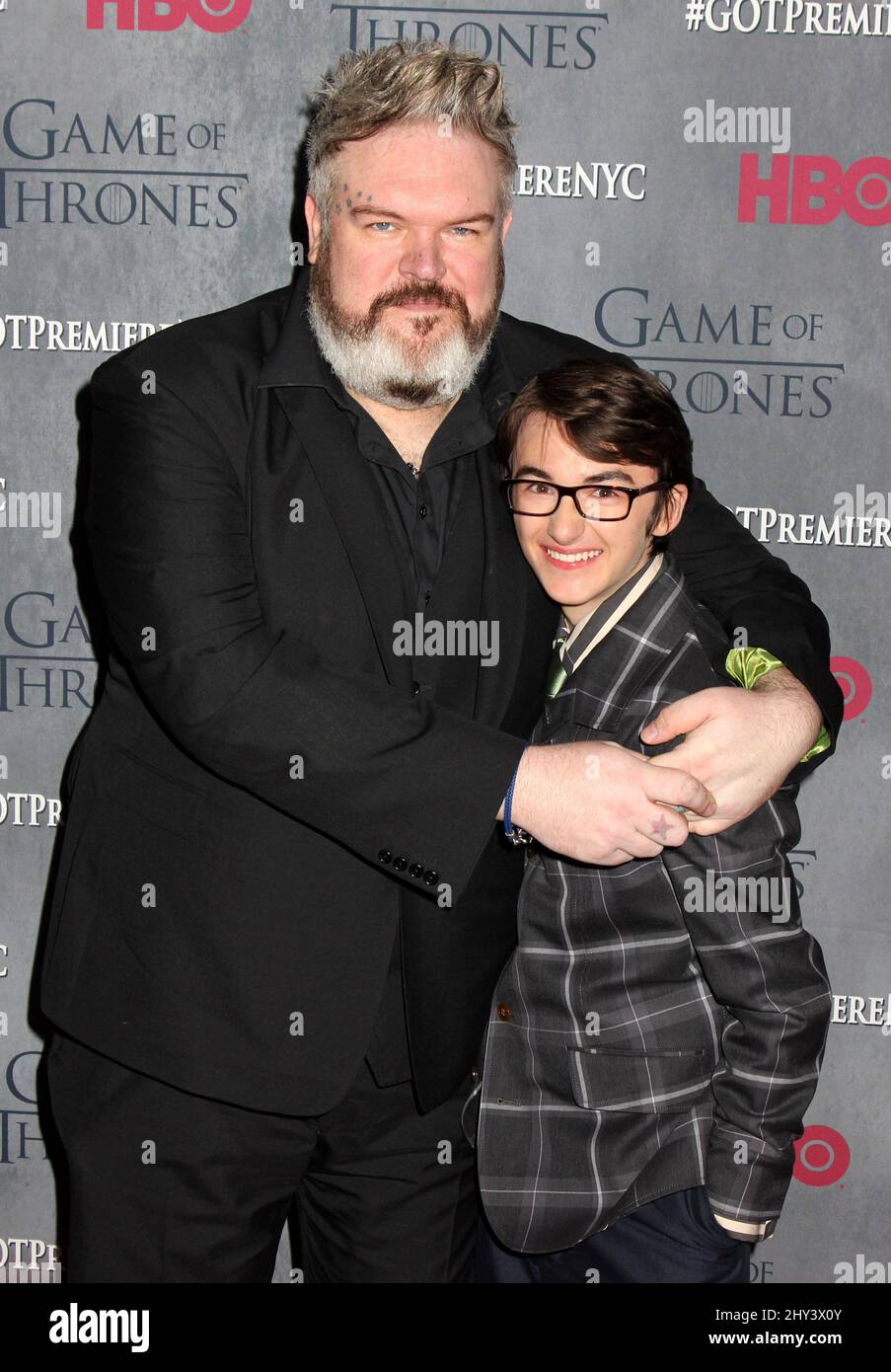 Kristian Nairn and Isaac Hempstead Wright attending the season four premiere of Game of Thrones in New York. Stock Photo