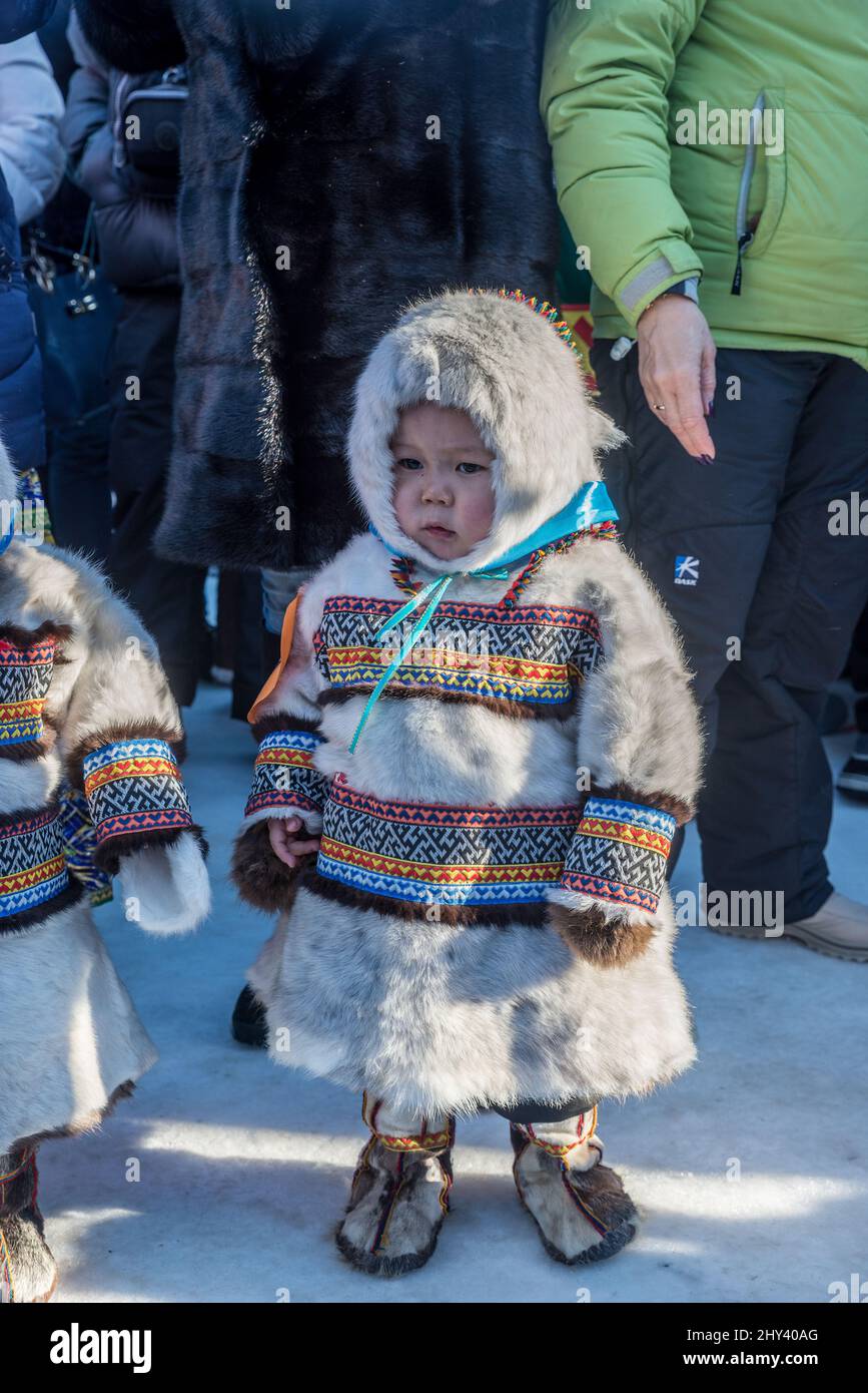 Nenets Patterns Young Nenet boy in traditional reindeer fur clothes at Reindeer Herdes ...